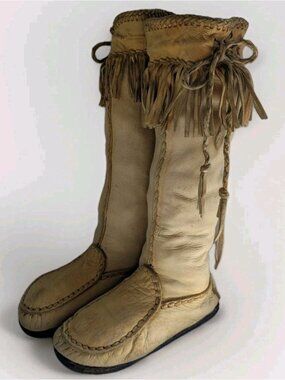 Handmade Buckskin Moccasin Boots Womens 8 | Tall Fringe | Canada | Leather